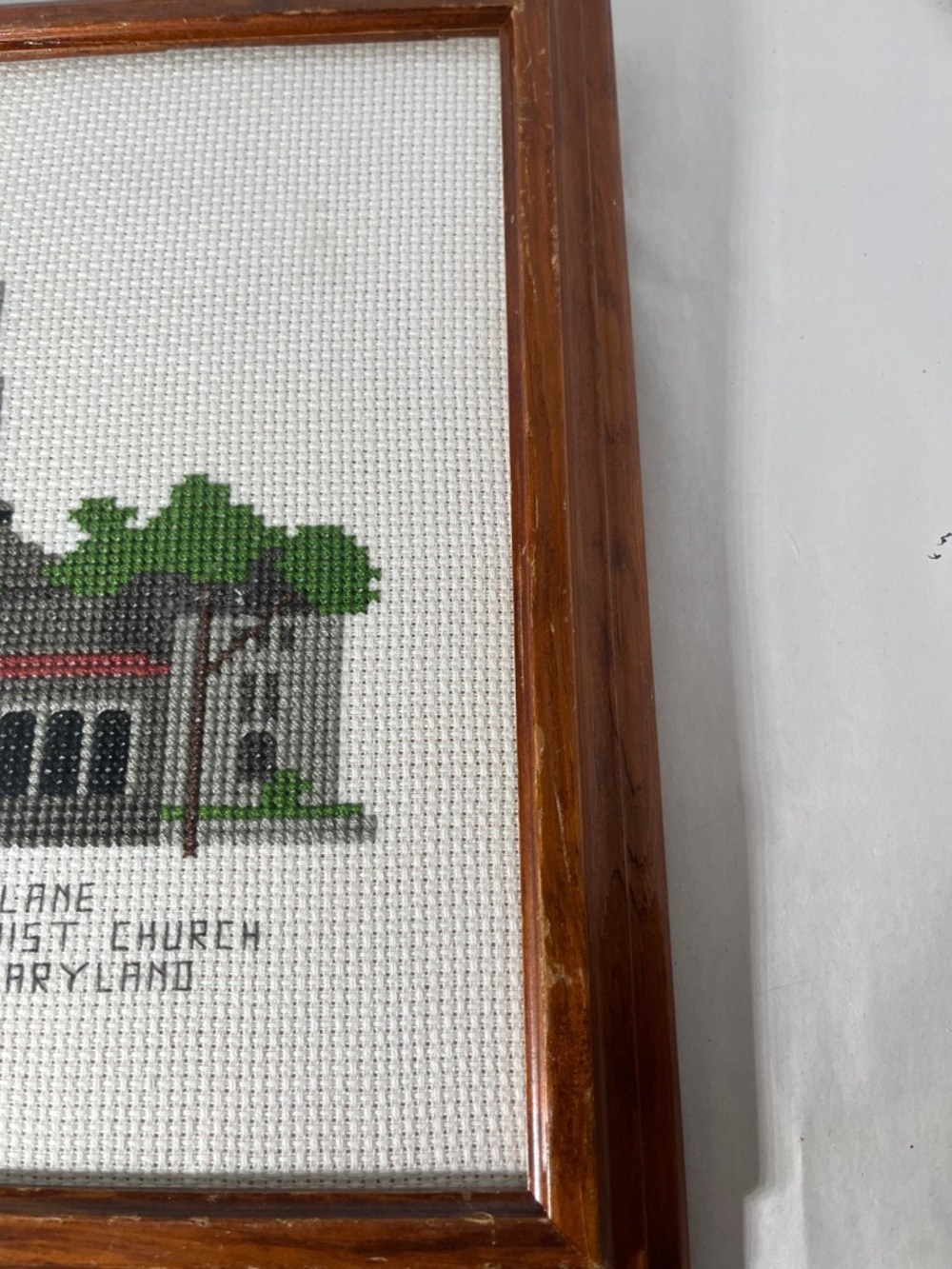 Framed Cross-Stitch Artwork in Brown Frame Lovely Lane united Methodist Church - Picture 4 of 7
